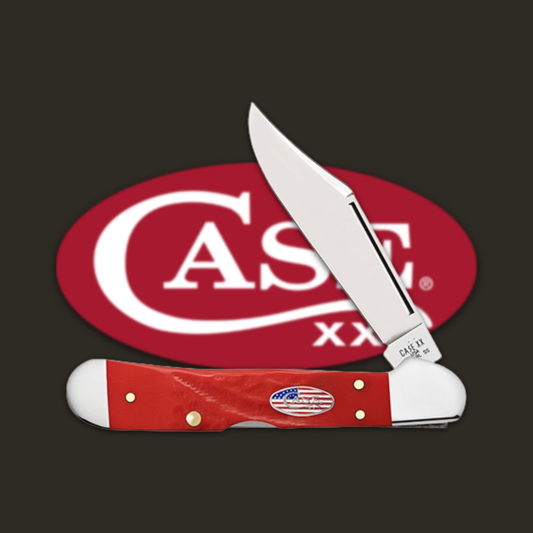 A Case XX folding knife with a red handle and logo.