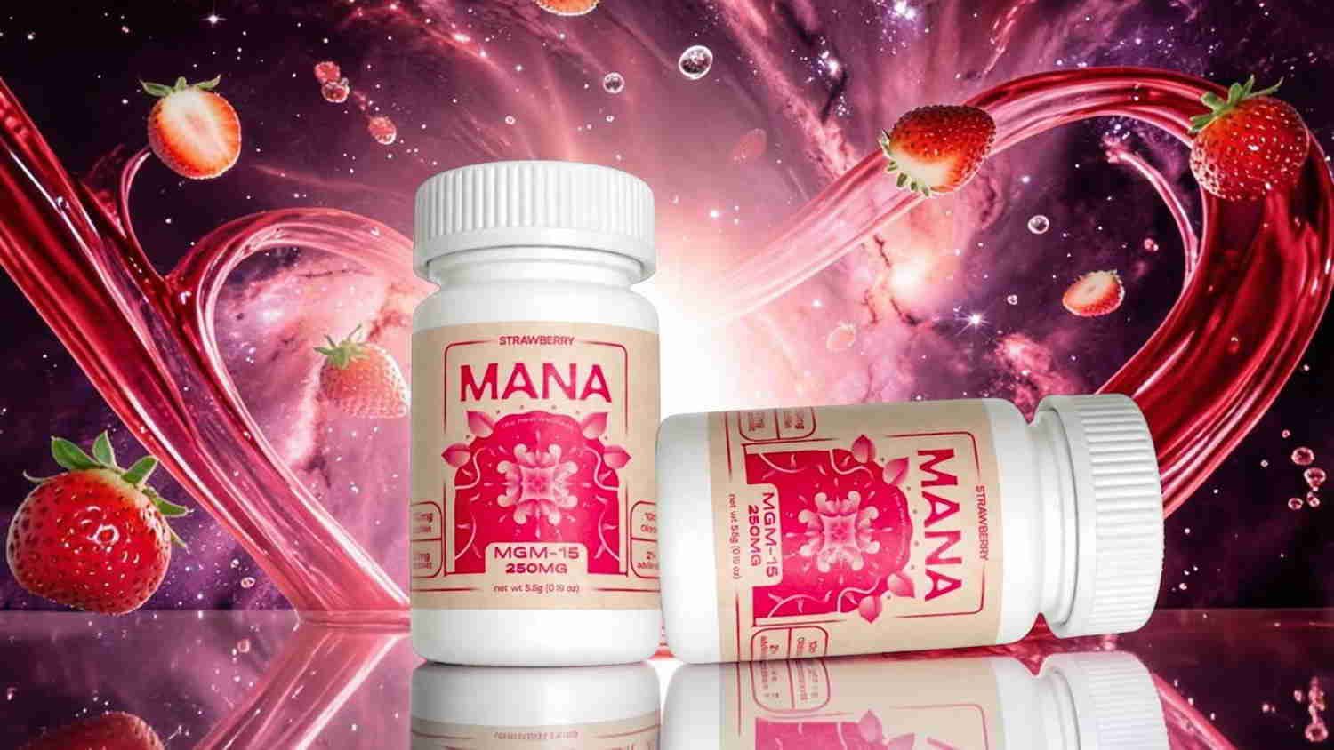 Two bottles of MANA supplement with a colorful, dynamic background.