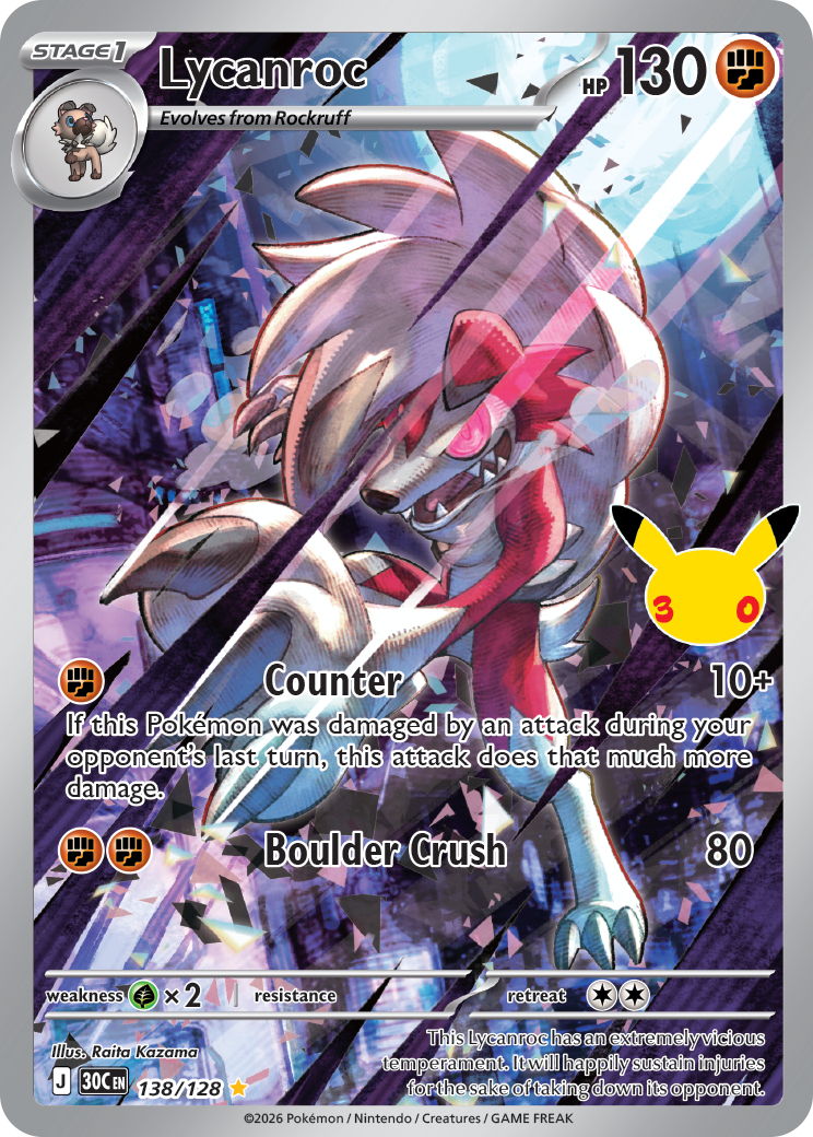 The Illustration Rare Lycanroc from the Pokémon TCG's 30th Celebration set.