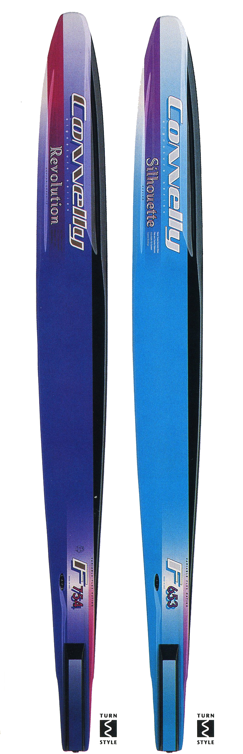 Top view of Connelly Revolution and Silhouette skis, with a gradient design in blue, purple, and red with bold lettering.