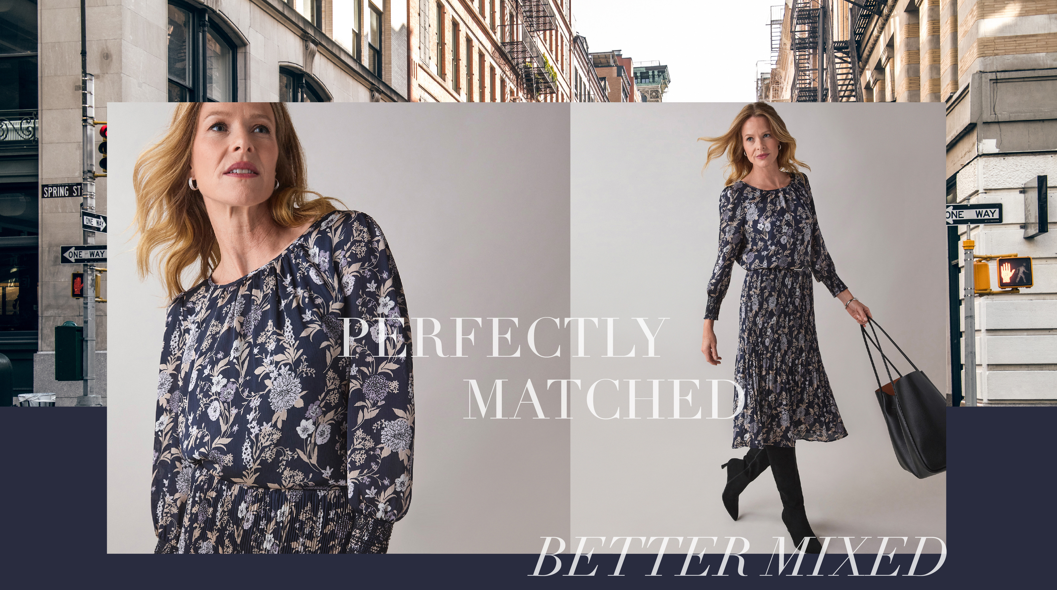 Woman wearing a patterned dress in an urban setting with text overlay.