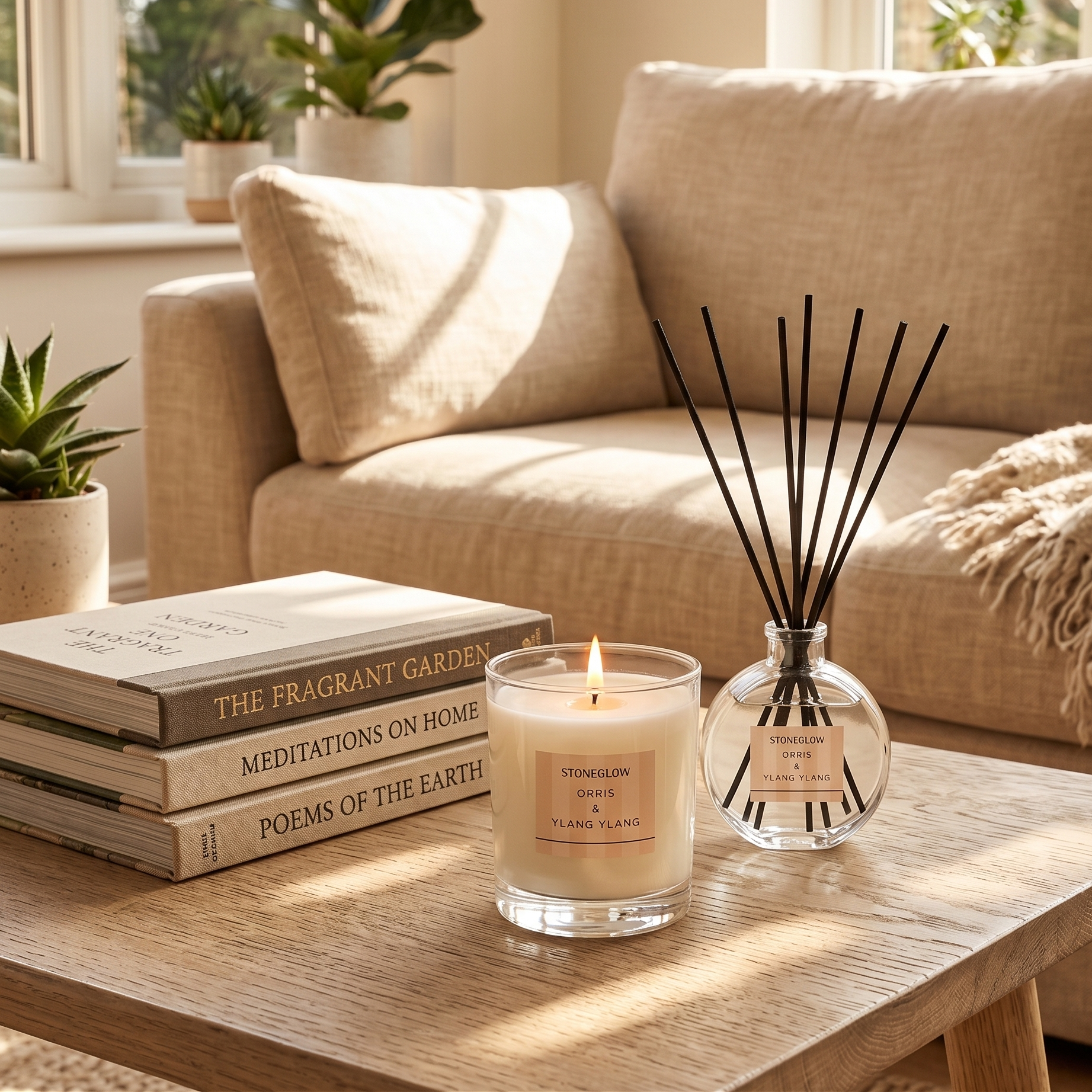 Cozy living room with a candle, diffuser, and stacked books on a table.