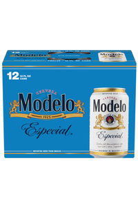 12-pack of Modelo Especial beer cans in blue packaging.