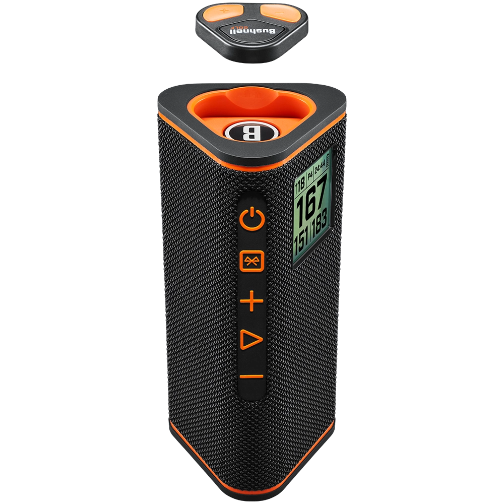 The Bushnell Wingman View with the remote floating above it showing where it attaches magnetically to the top of the device