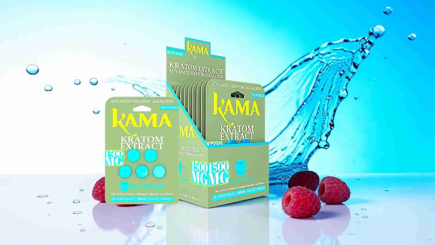 Boxes of Kama product with water splash and raspberries on a surface.
