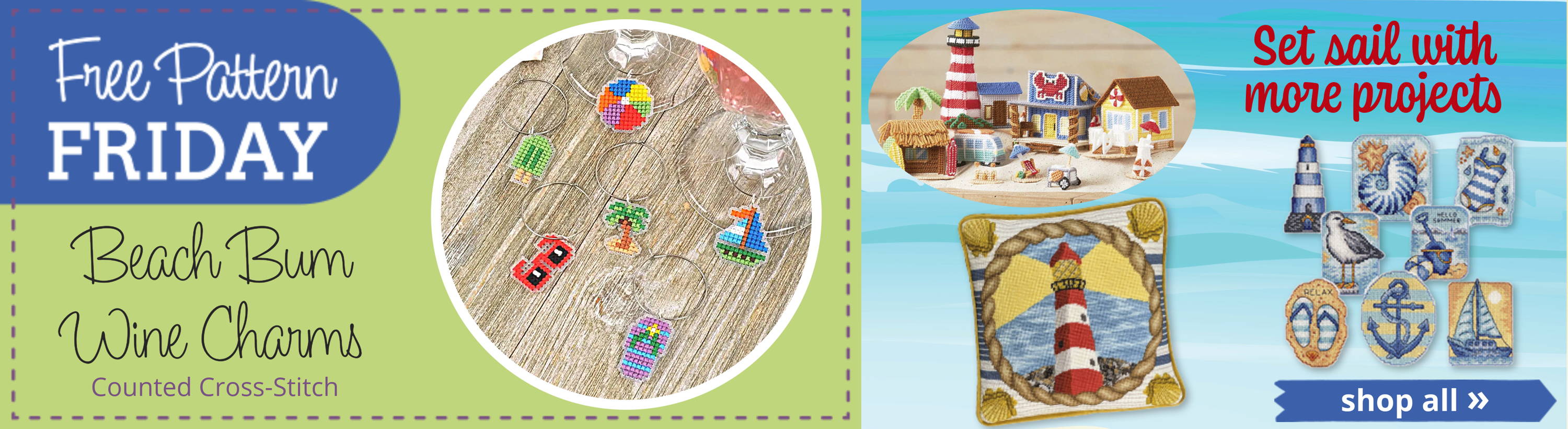 Free Pattern Friday! Beach Bum Wine Charms (Counted Cross-Stitch). Plus, set sail with more needlework projects. Image: Beach Bum Wine Charms and more nautical projects.