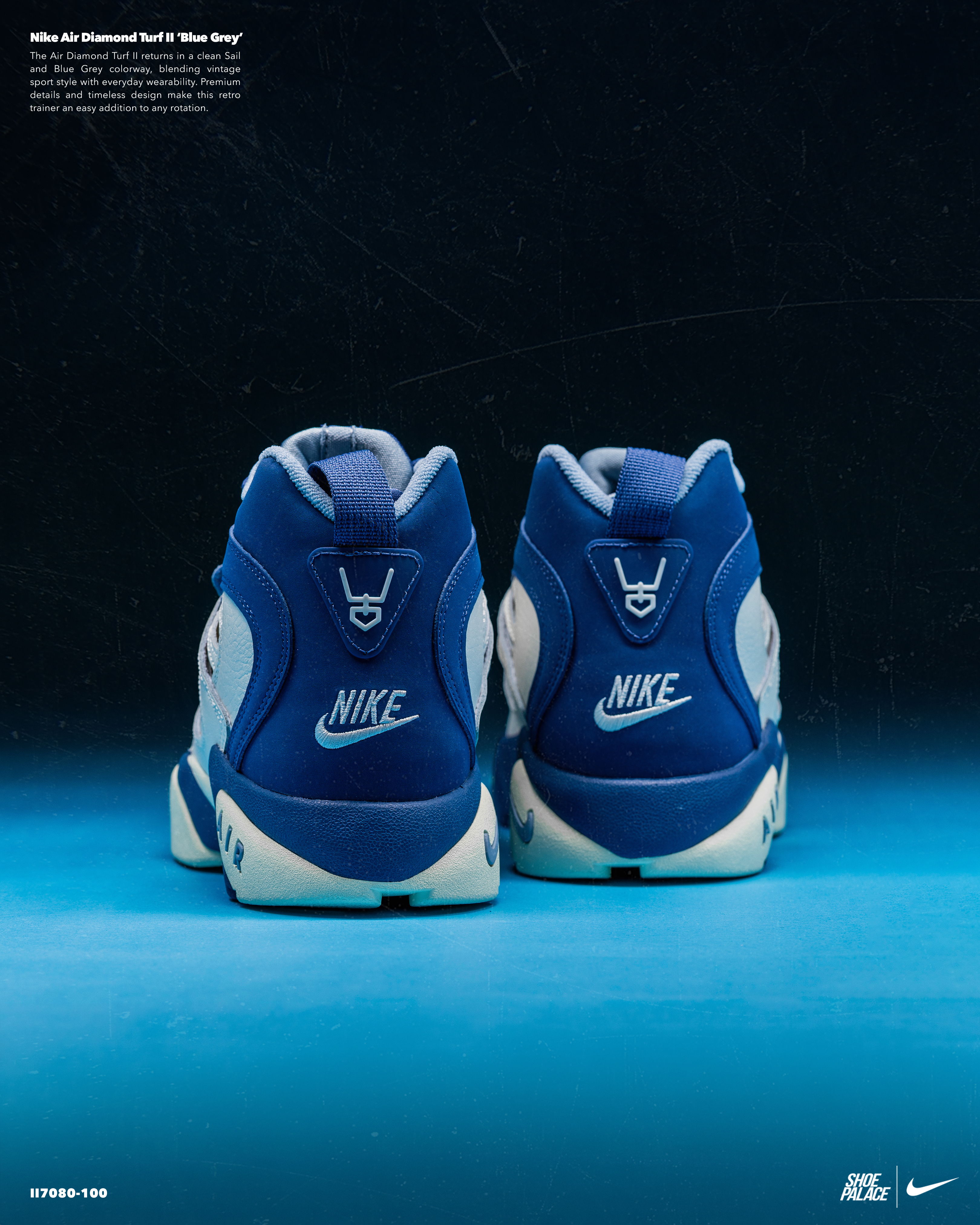 Blue Nike sneakers viewed from the back on a gradient background.