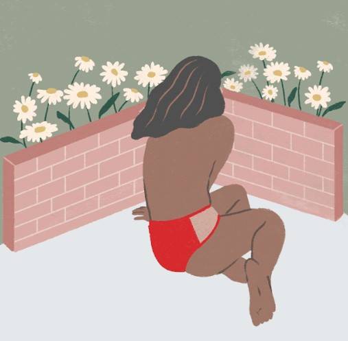 Desenho de mulher sentada de costas, de calcinha. Está de frente para um pequeno muro onde cerca algumas flores margaridas