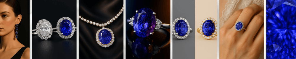 collage of tanzanite guide images showing model wearing tanzanite earrings, tanzanite rings with diamond halos, tanzanite pendant necklace, close-up gemstones, and faceted tanzanite details