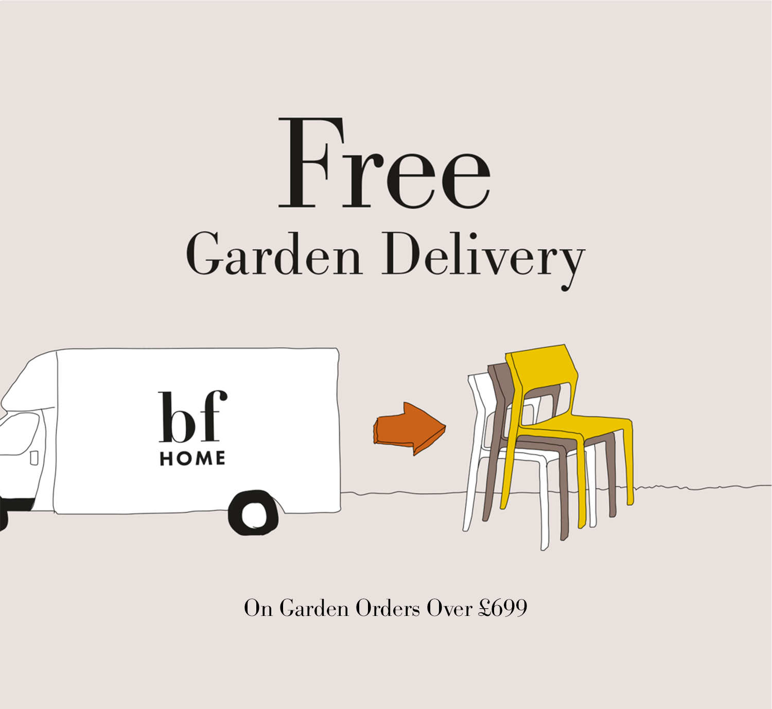 Free garden delivery promotion with a delivery van and a chair illustration.