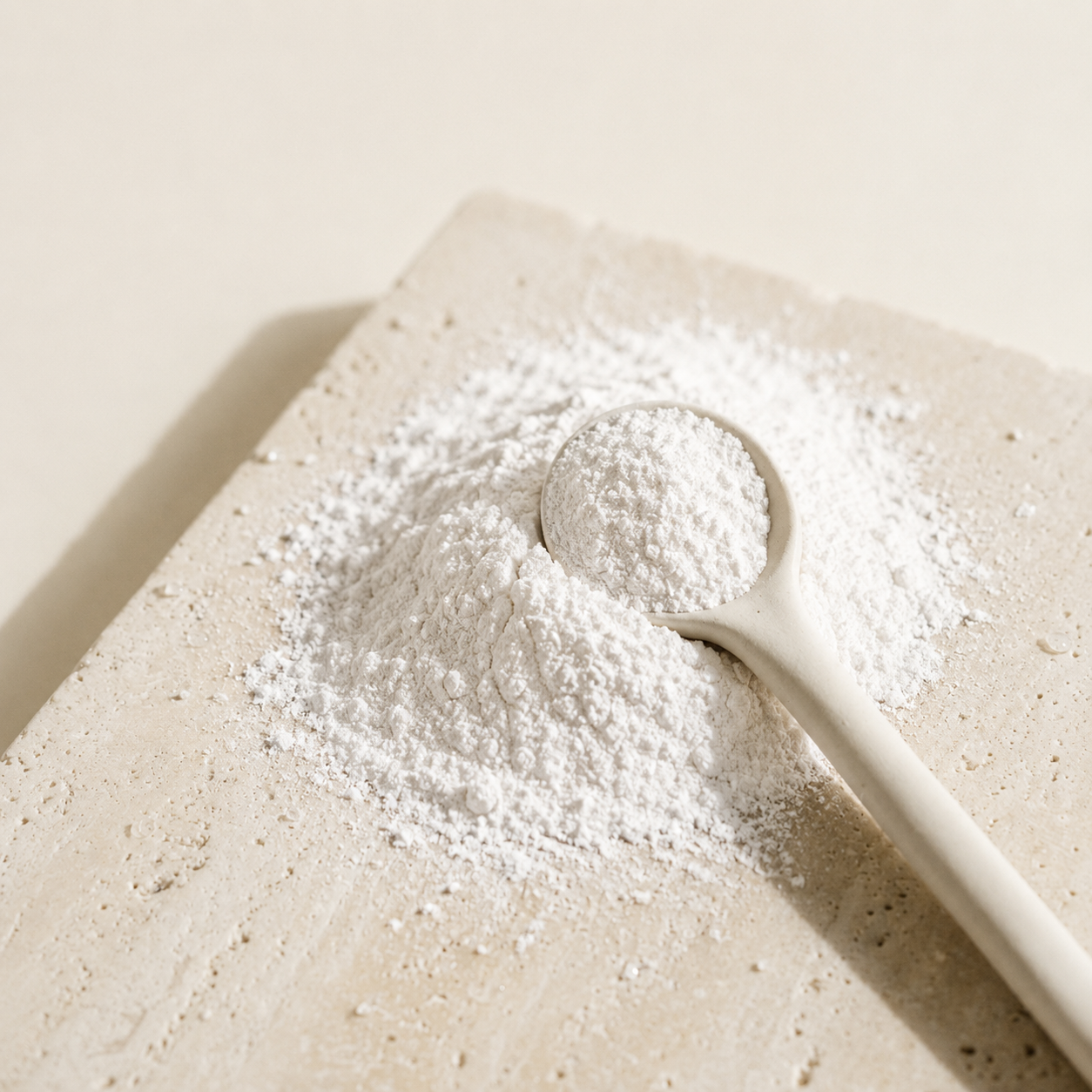 A spoon resting on a mound of white powder.