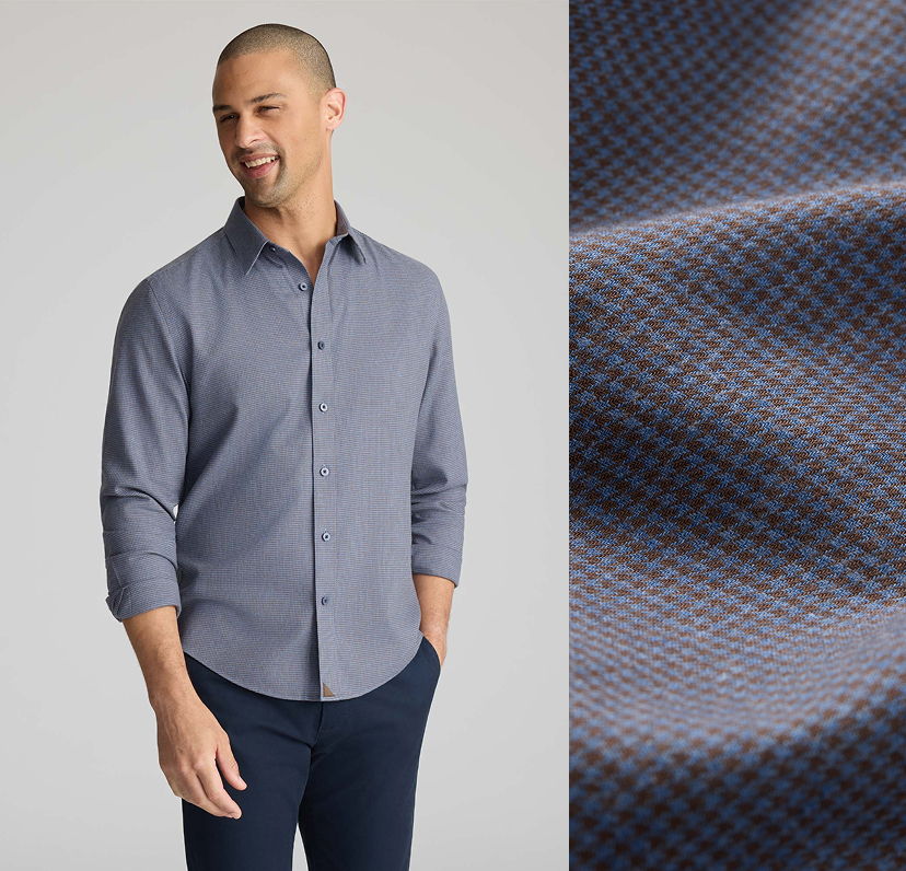 Man in a stylish button-up shirt next to fabric swatch.
