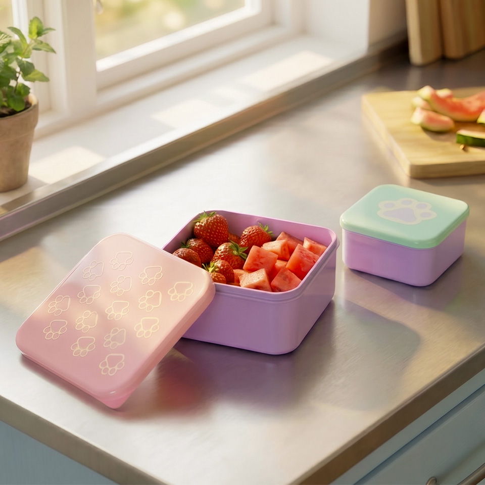 Two colorful food containers filled with tomatoes and fruit on a kitchen countertop.