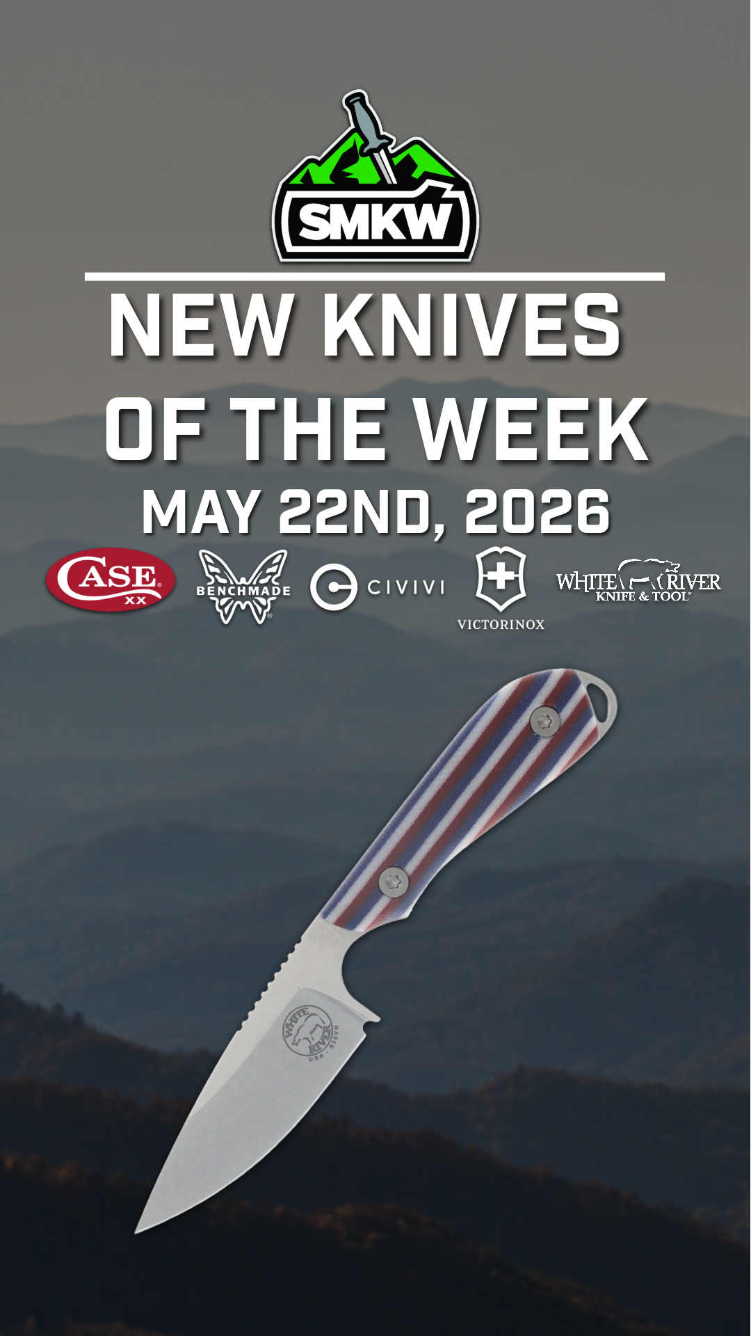 Promotional image featuring a knife and text about new knives for the week.