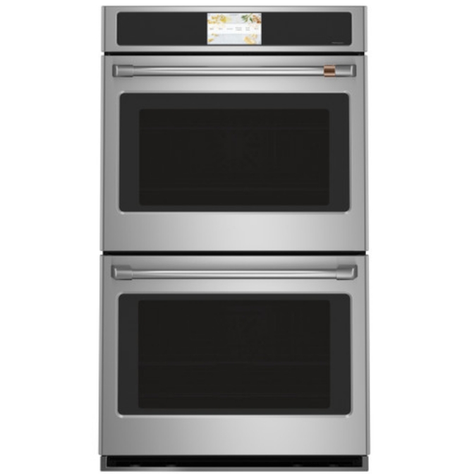 Cafe stainless steel double oven with digital controls and dark glass doors.
