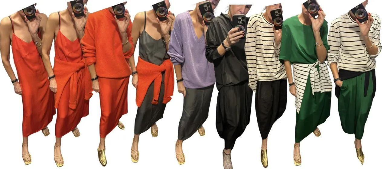 A series of outfits displayed by a model in various colors and styles.