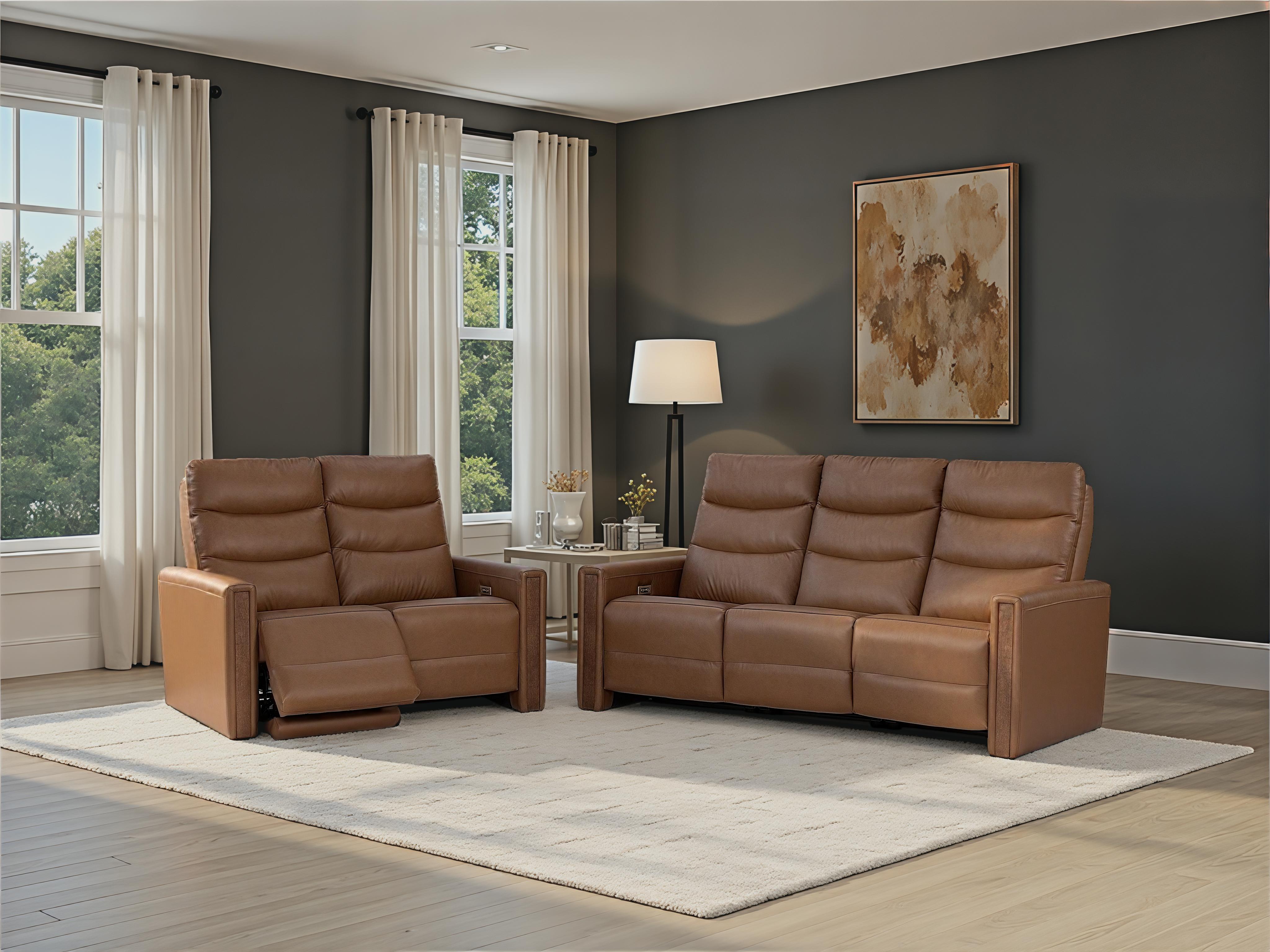 Living room with brown leather sofa, chair, lamp, and artwork on the wall.