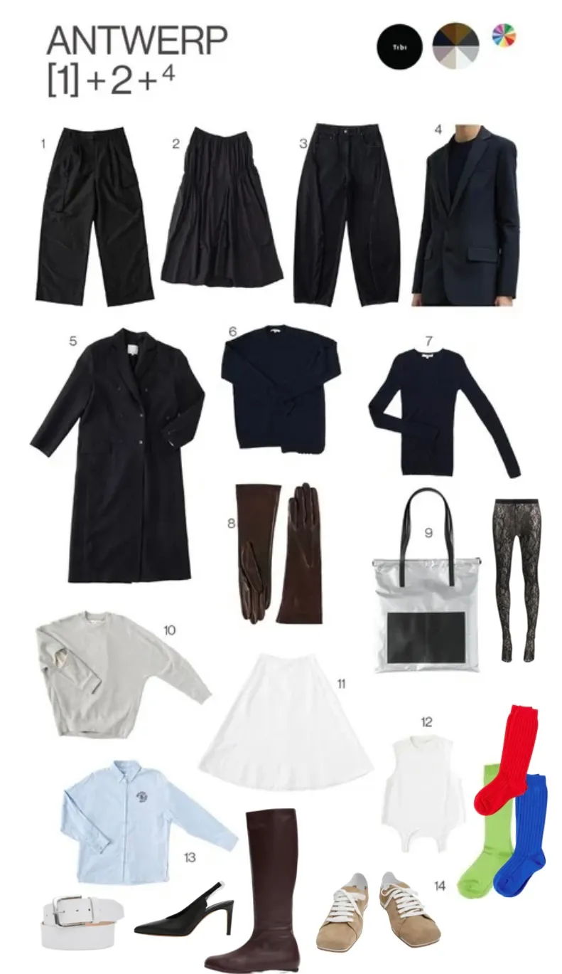 Collection of clothing items and accessories in various styles and colors.
