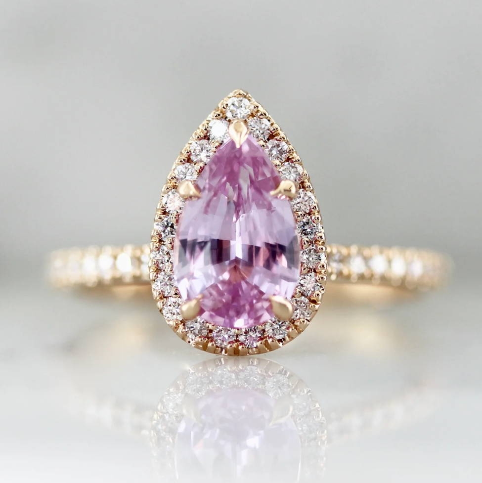 Pink Pear Sapphire Ring with Diamond Halo