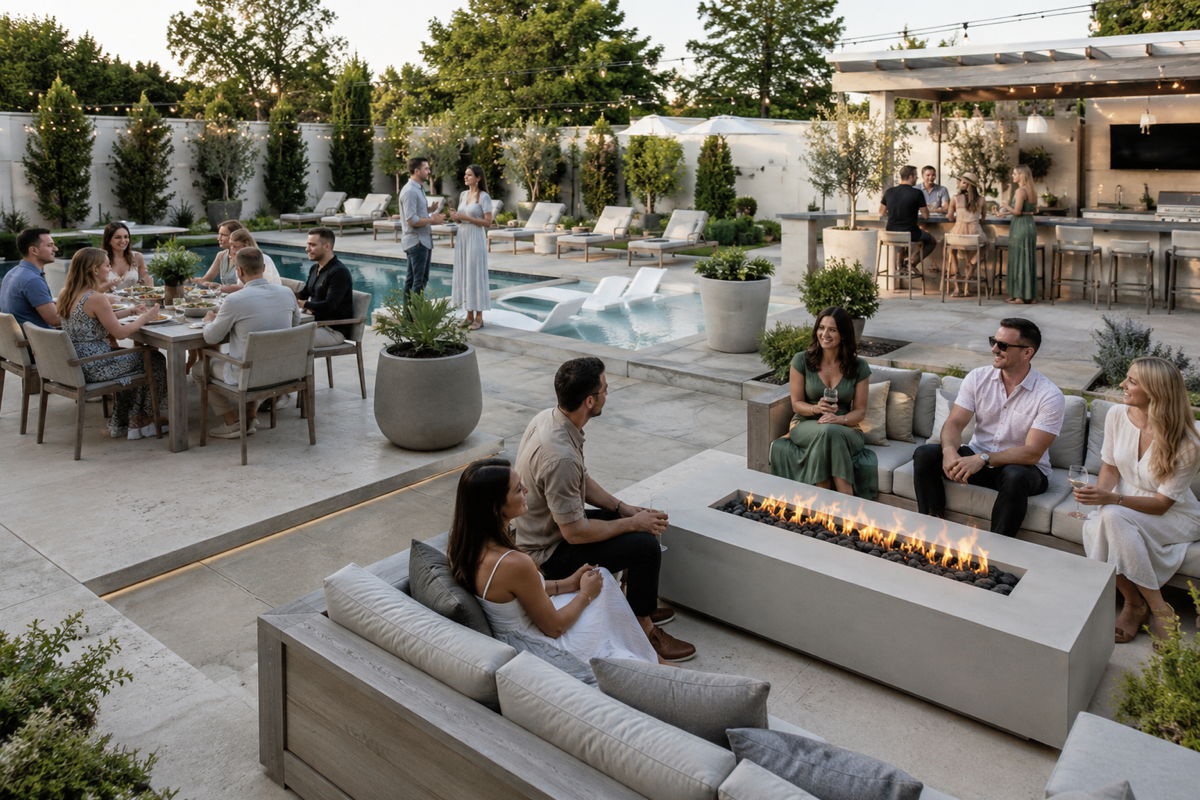 Backyard entertaining layout with outdoor dining, poolside chaise lounges, lounge seating, and a fire pit seating area for a large gathering.