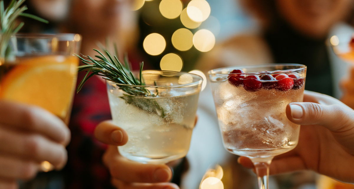 Cheers with cocktails and festive decorations in the background.