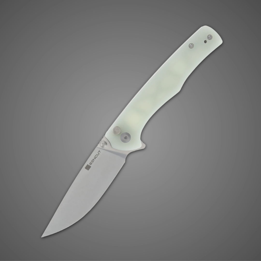 A sleek folding knife with a translucent handle and stainless steel blade.