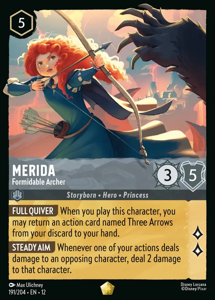 Disney Lorcana Wilds Unknown Card featuring Merida, a princess and formidable archer, with game abilities.