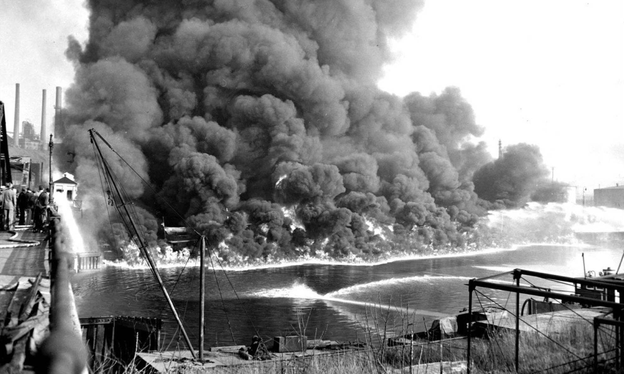 Cuyahoga river on fire in Ohio, USA