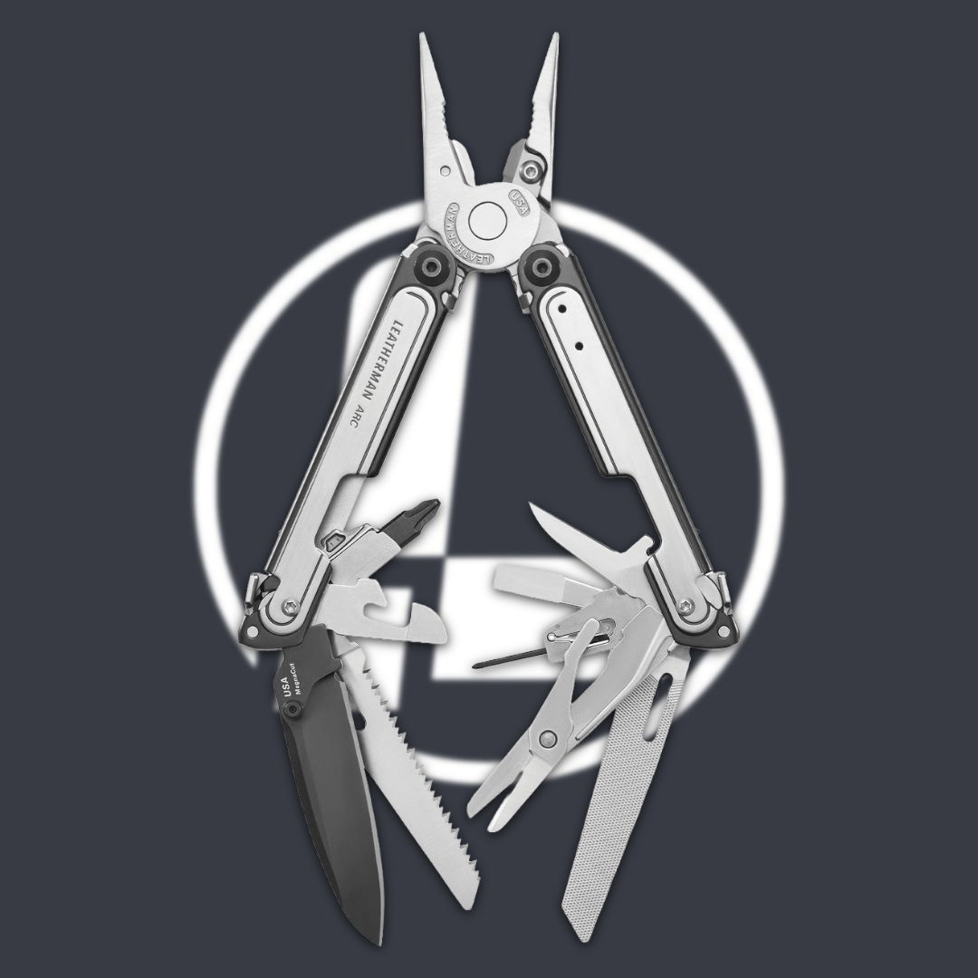 Multi-tool with pliers and various blades against a circular logo background.
