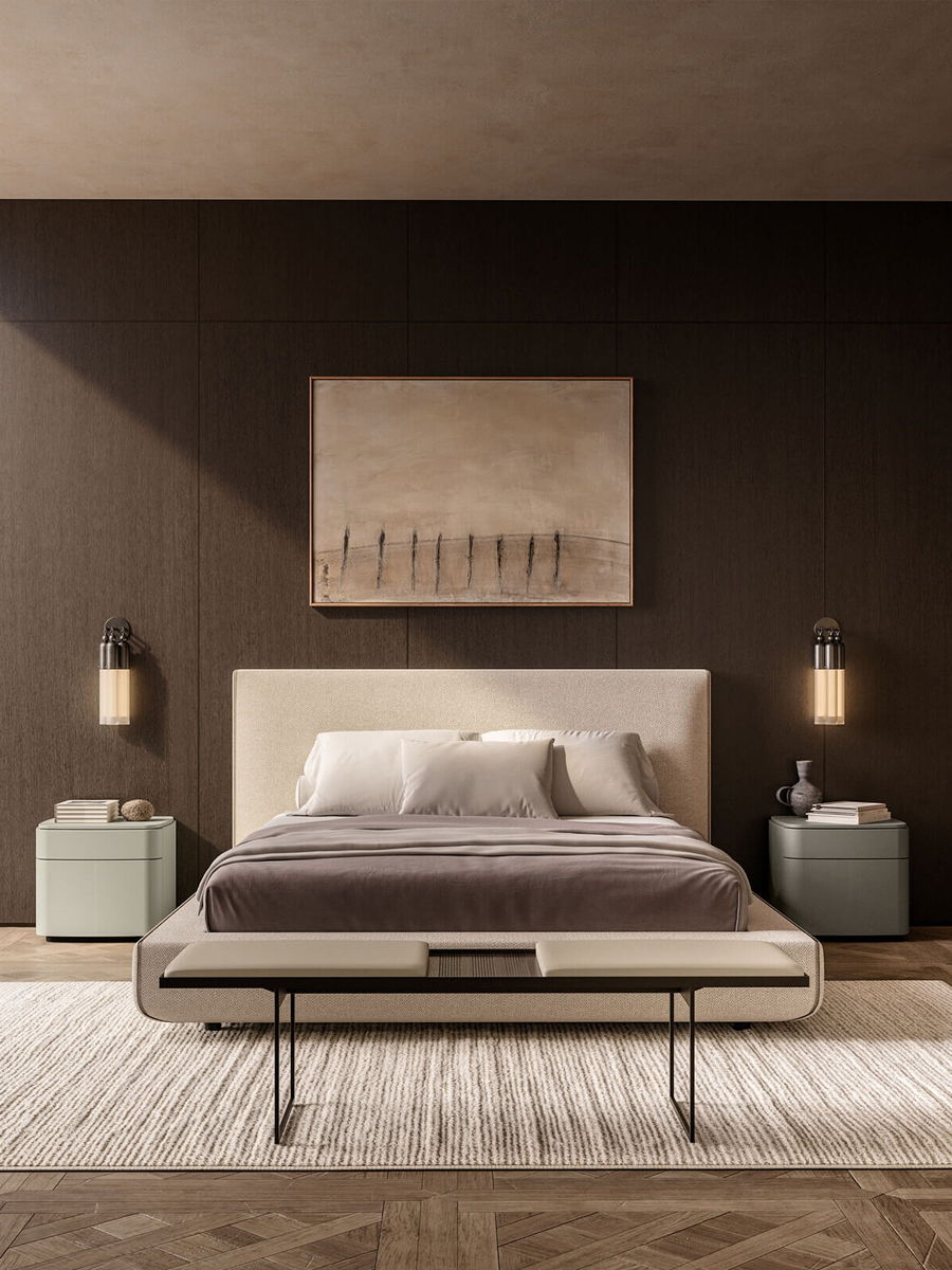 Modern Lema bedroom with a lullaby bed, nightstands, and abstract wall art.