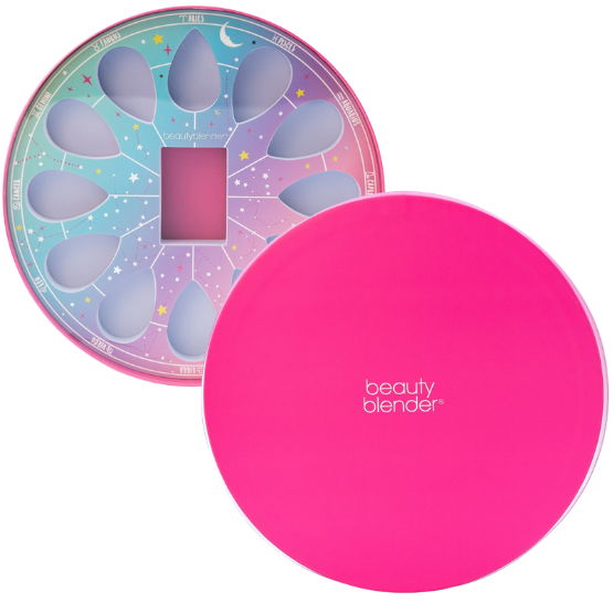 Beauty sponge set in a colorful round container with a pink lid.