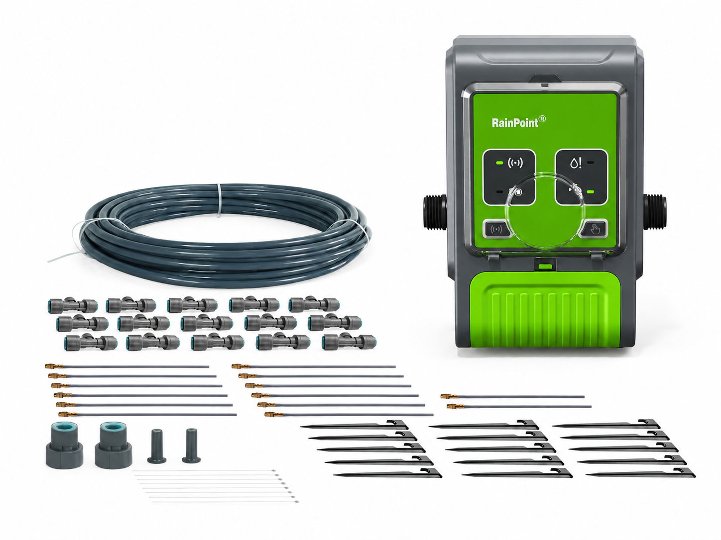 Irrigation system components including controller, tubing, and various fittings.