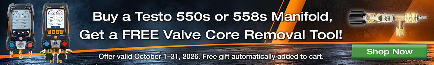 Buy a Testo 550s or 558s manifold and get a free valve core removal tool, valid October 1–31, 2026.