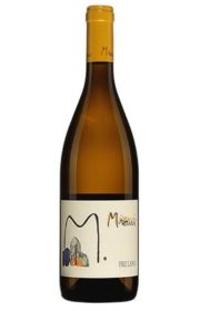 Bottle of white wine with artistic label design.