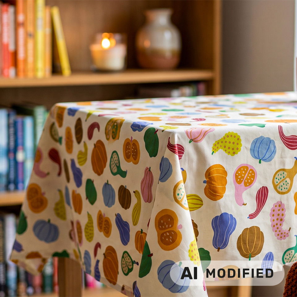 Une nappe colorée à motifs sur une table en bois avec des livres et de la décoration.