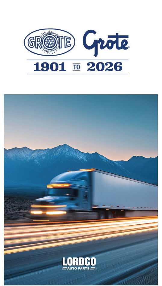 Grote logo, truck in motion, mountains, 1901 to 2026, Lordco branding.