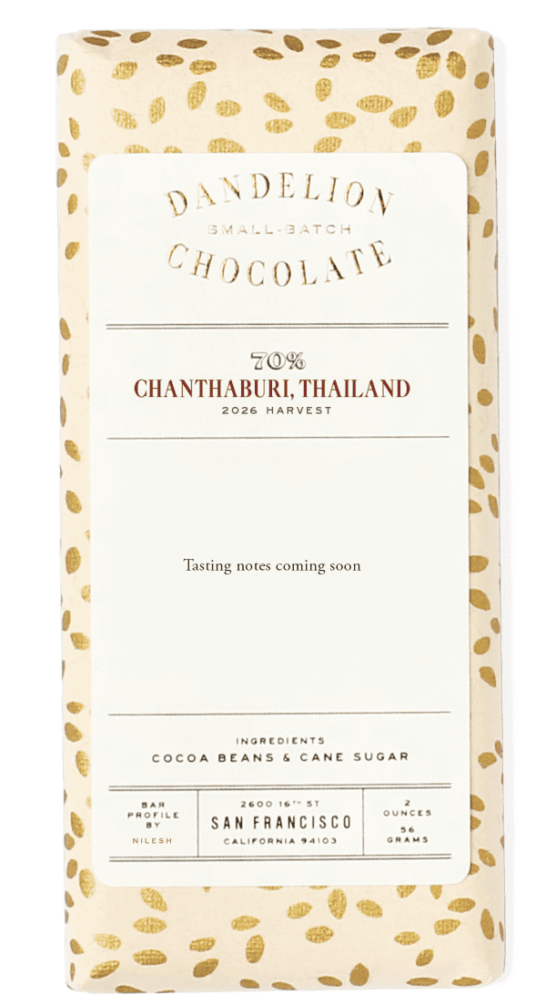 Dandelion Chocolate bar packaging from Chanthaburi, Thailand, with tasting notes.