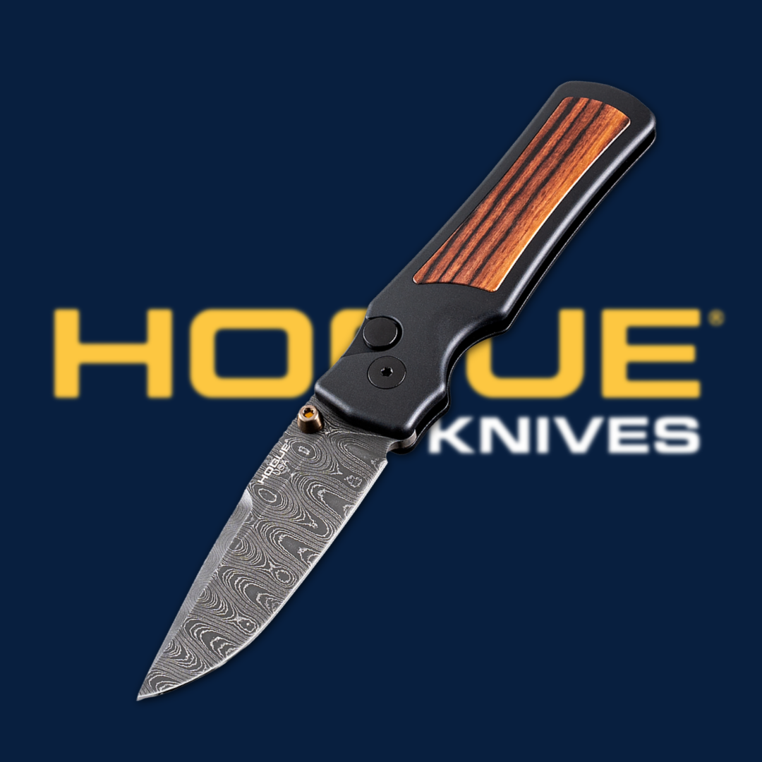 Folding knife with a wooden handle against a dark blue background.