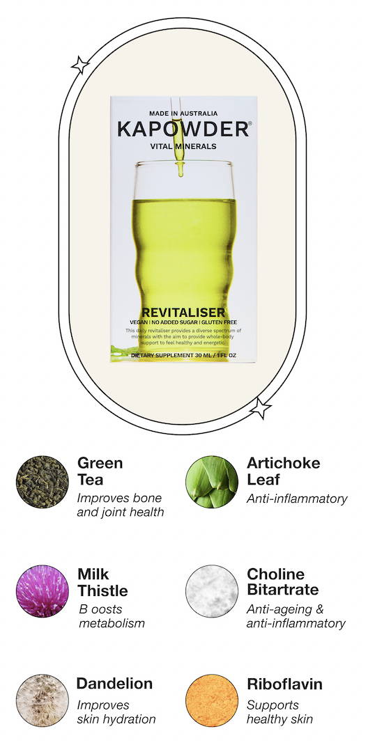 Hero ingredients: green tea (improves bone and joint health); artichoke leaf (anti-inflammatory); milk thistle (boosts metabolism); dandelion (improves skin hydration); choline bitartrate (anti-ageing & anti-inflammatory); riboflavin (supports healthy skin).