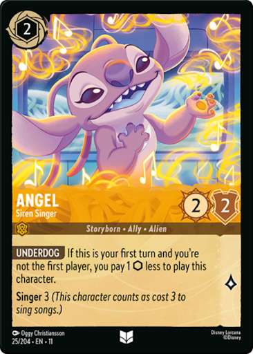 Card featuring Angel, a siren singer character with musical notes.