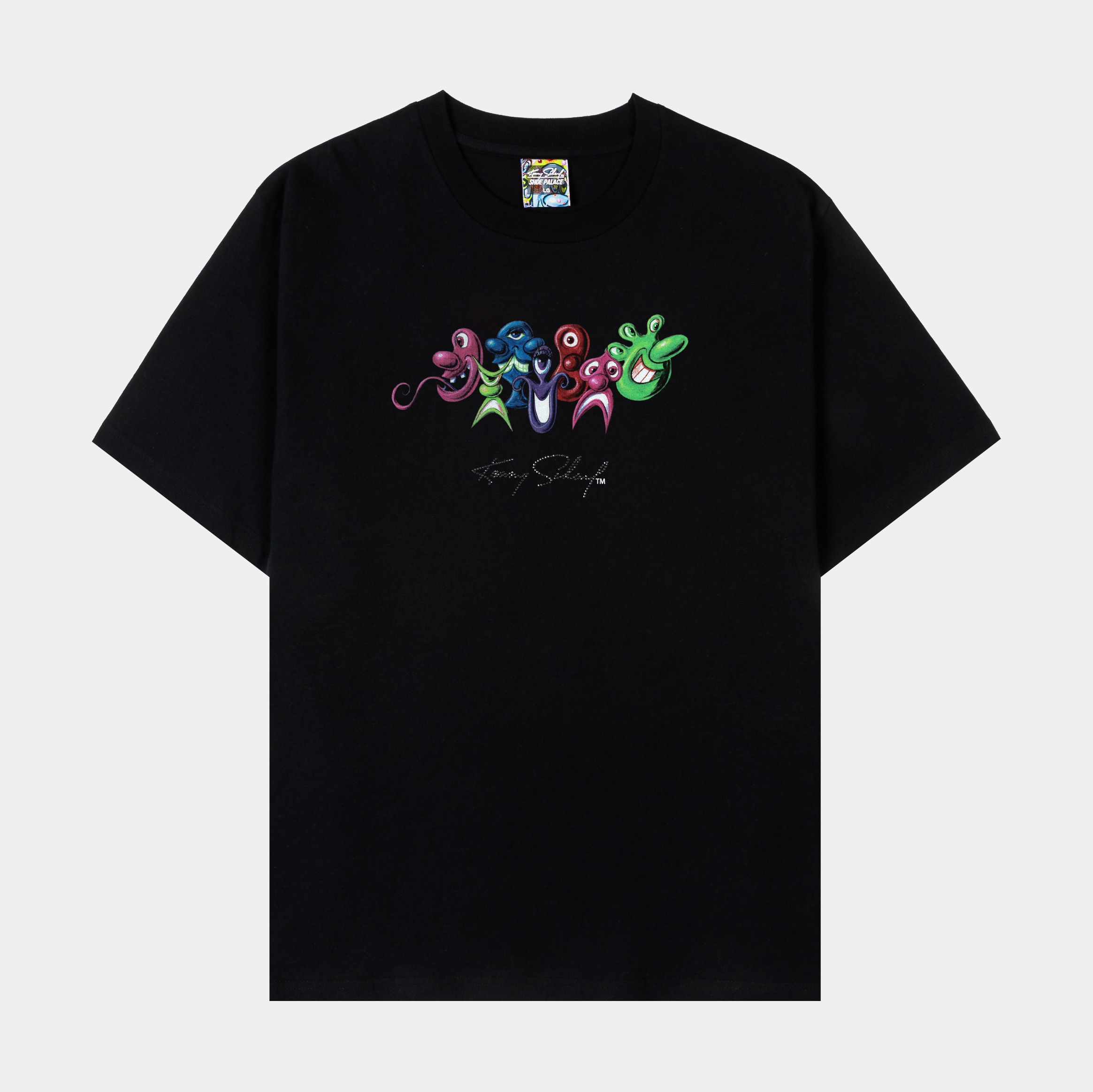 Black t-shirt featuring colorful cartoon characters on the front.