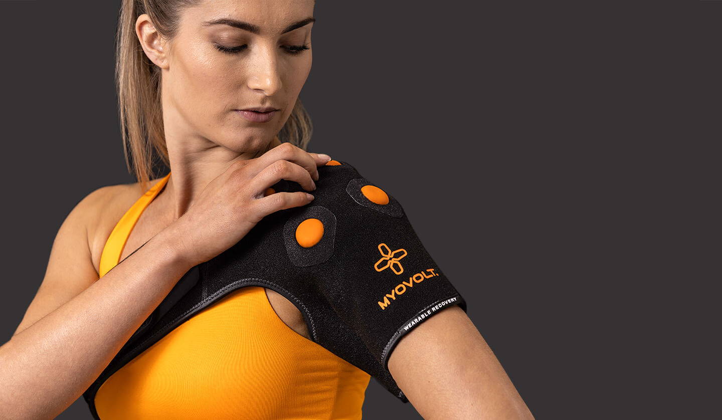 Myovolt vibration therapy shoulder brace is a wearable device to relieve muscle stiffness and treat frozen shoulder and overuse injury. 