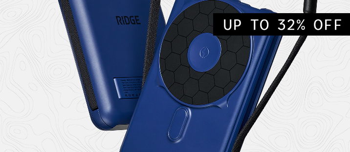 Blue electronic device with a circular feature and discount tag.