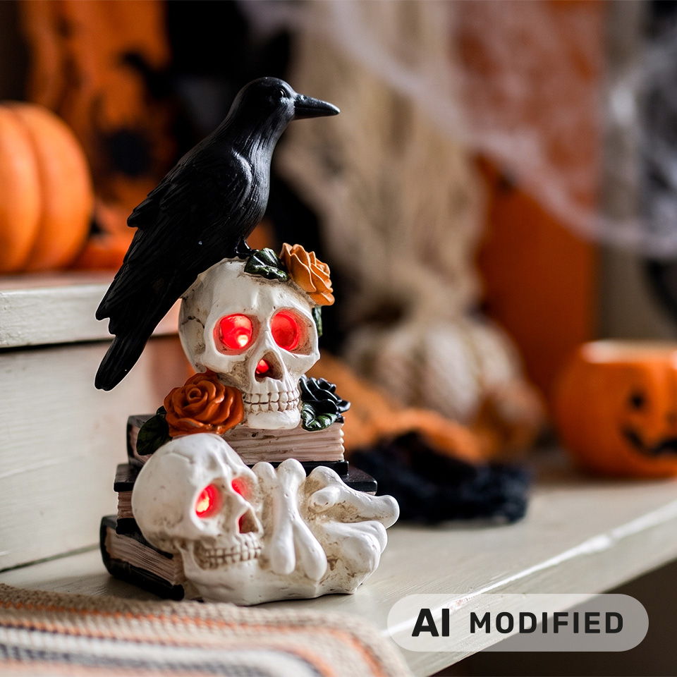 Crânes décoratifs avec un corbeau, des citrouilles et des éléments sur le thème d’Halloween.