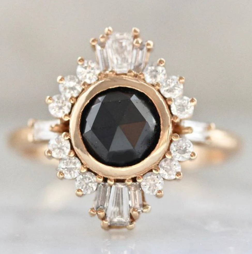 black rose cut diamond ring with white diamond halo