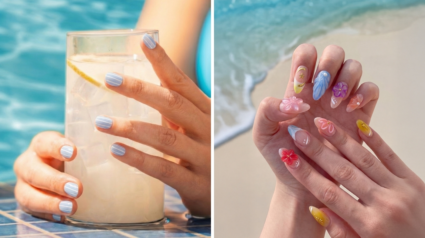 Diagram comparing narrow medium and wide nail beds with matching nail shape silhouettes