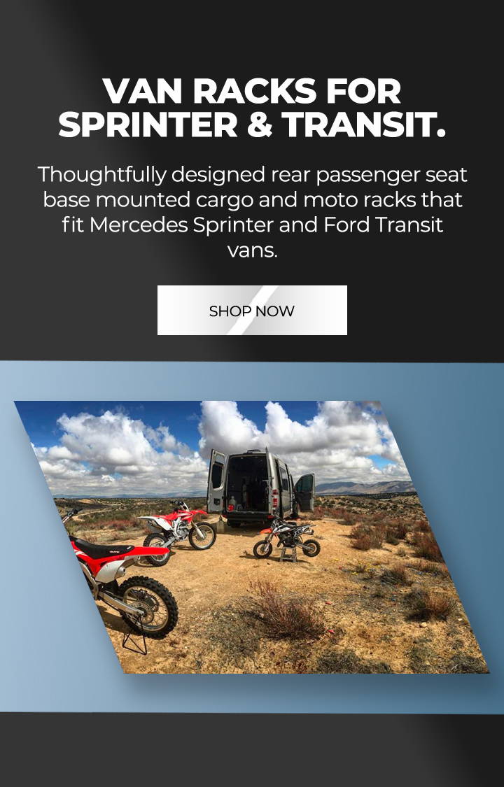 Motorcycle and bicycle racks for Mercedes Sprinter Van and Ford Transit Van.