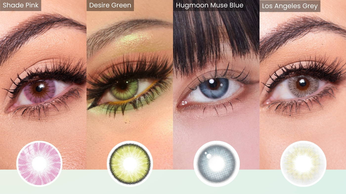 Different shades of vibrant colored contact lenses such as pink, green, blue, and grey