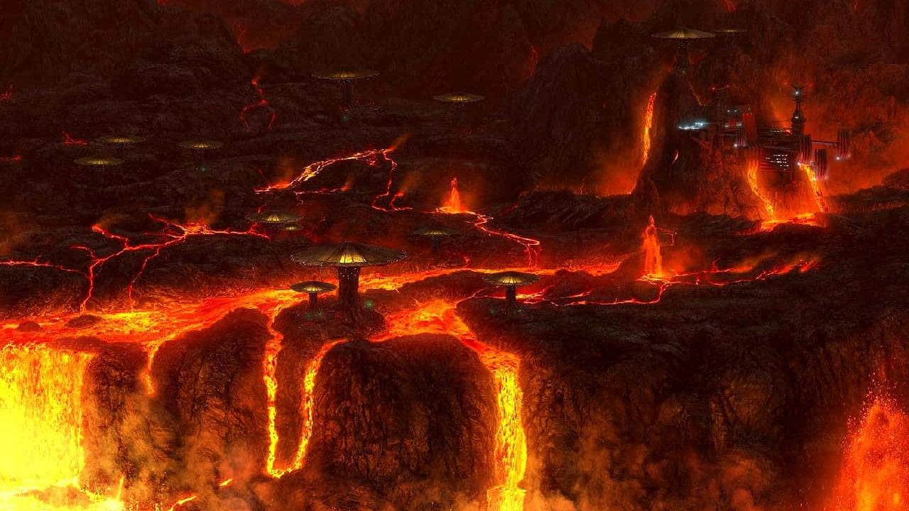 Lava-filled landscape with glowing fissures and volcanic formations.