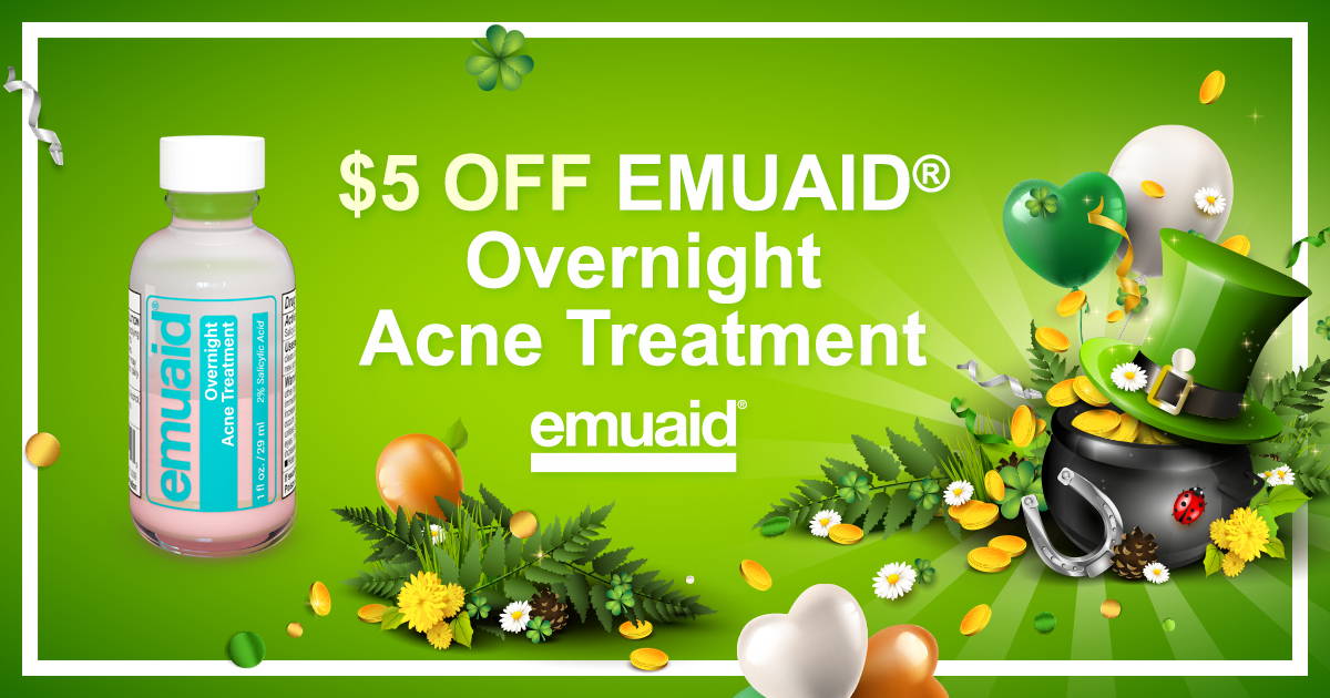 Dies ist ein grafisches Poster des EMUAIDⓇ Overnight Acne Treatment.